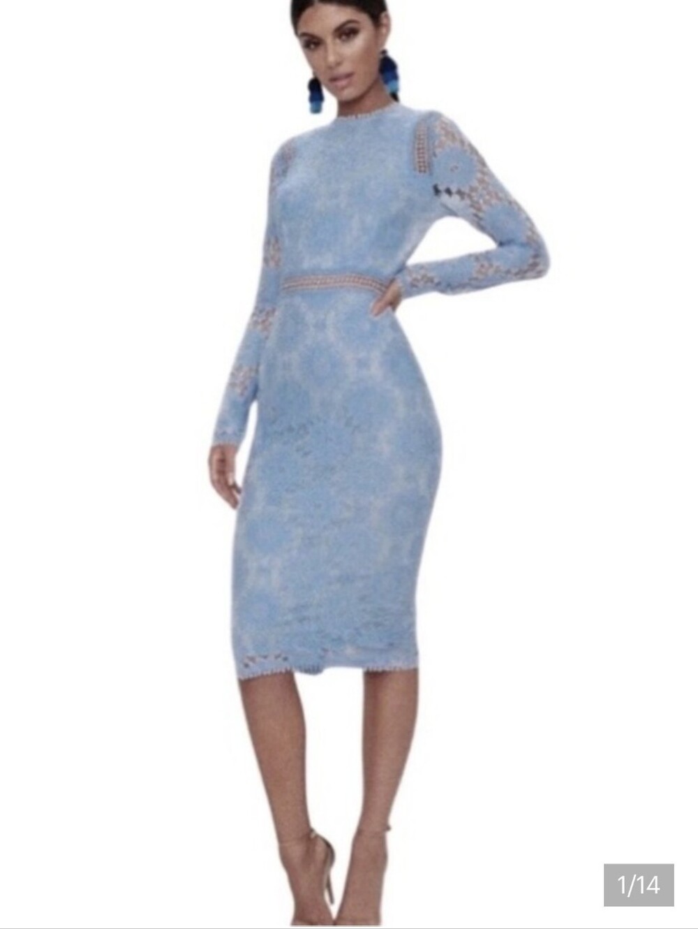 NWT PrettyLittleThing Dusty Blue Lace Midi Bodycon Dress